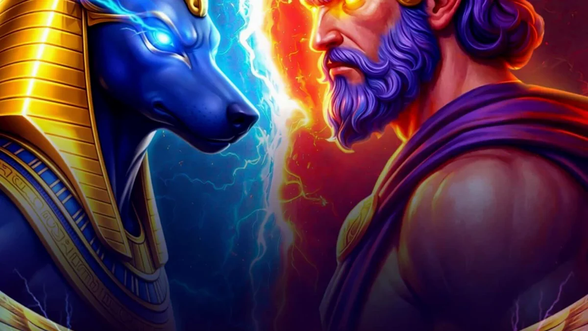 Visual epik dari pertarungan antara Anubis dan Hades dalam slot Clash of Gods